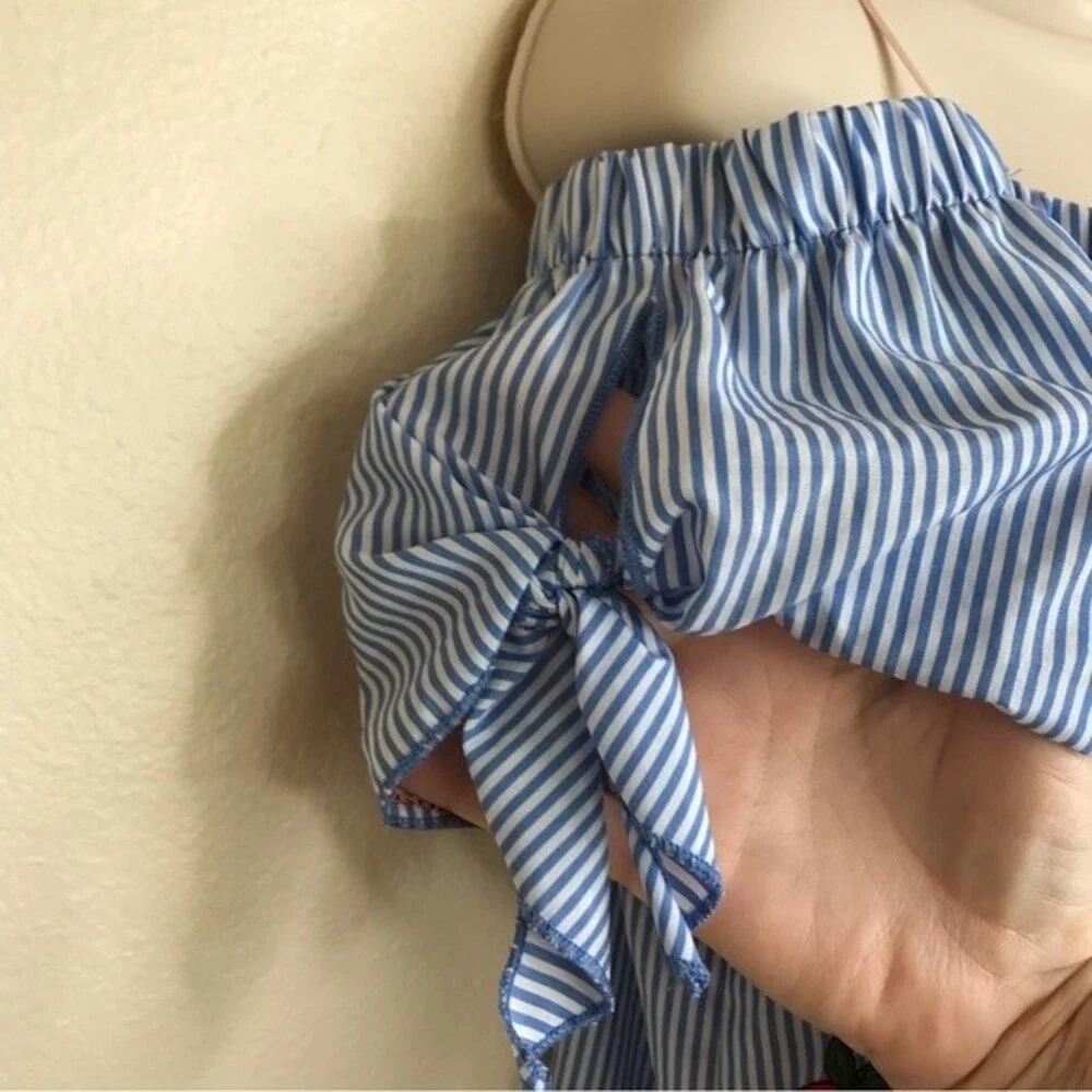 Miley + Molly Off Shoulder Tie Sleeve Blue White Stripe Embroidered Dress Large